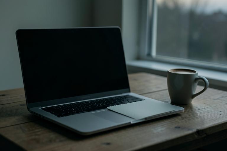 A closed laptop and a cold coffee on a desk at dusk