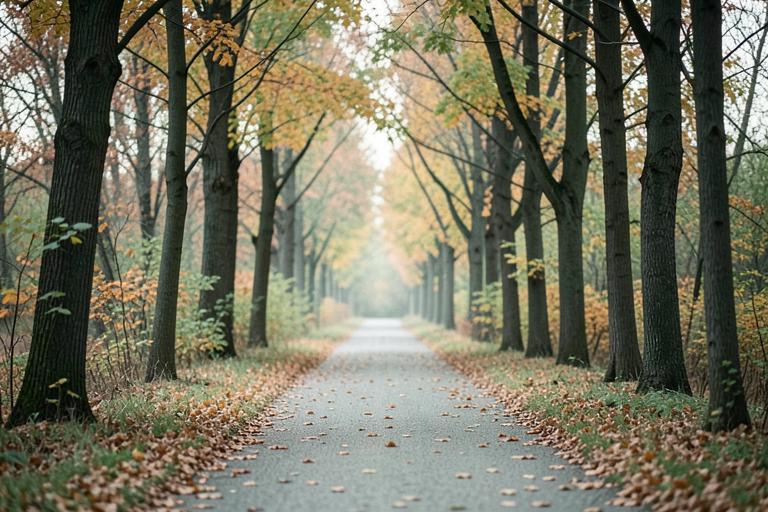 A footpath through autumn trees with light ahead