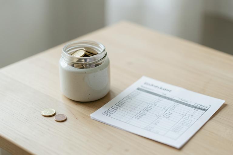 A coin jar beside a handwritten budget on a wooden table