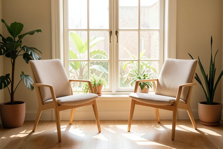Two empty chairs facing each other by a sunlit window