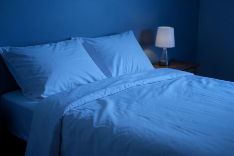 A neatly made bed in dim evening light