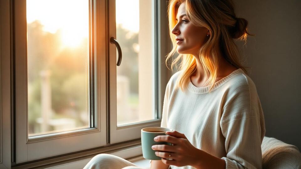 A woman with a warm drink watching the sunrise at the start of a new chapter